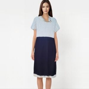 Tahari wool blend black cream colorblock cable knit cowl neck sweater dress M